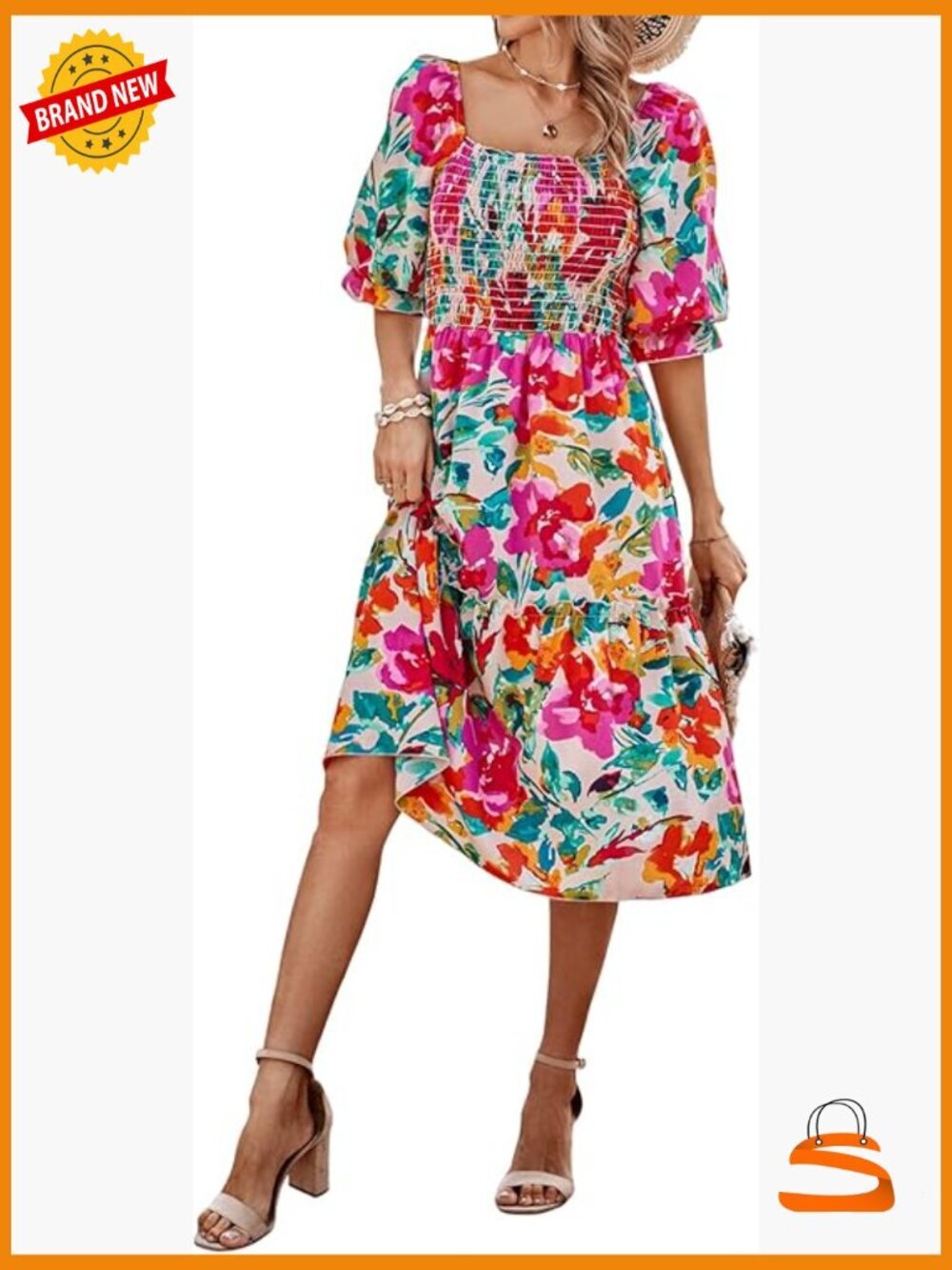 Puff Sleeve Square Neck A Line Flowy Boho Midi Dress